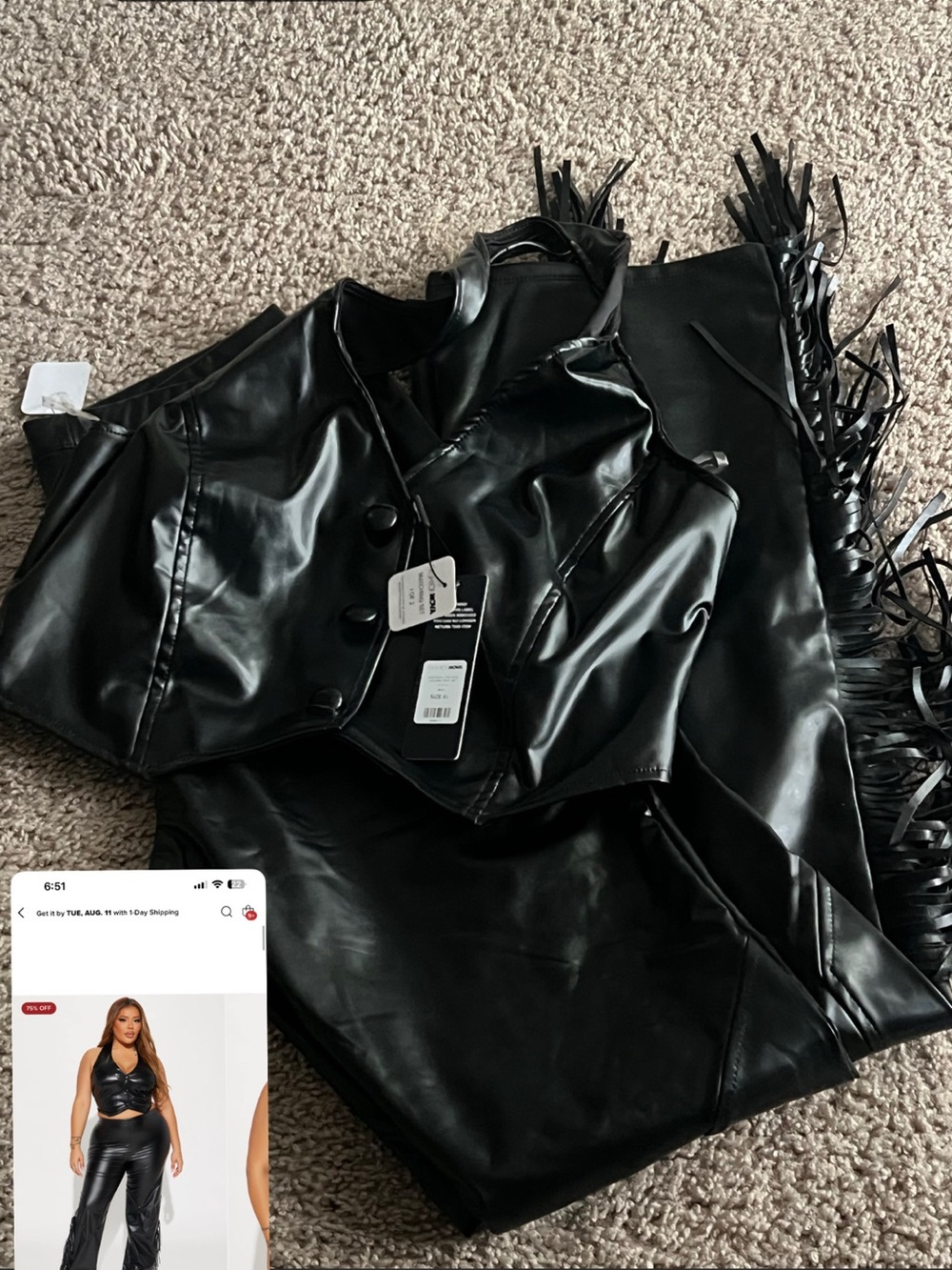 Fashion Nova Black Faux Leather Boot Cut Pants with Fringe